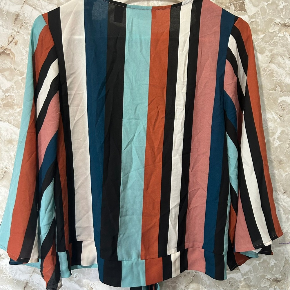 Willow Root Striped Tie Front Blouse Bell Sleeve Multicolor Top Womens Medium - Picture 4 of 6